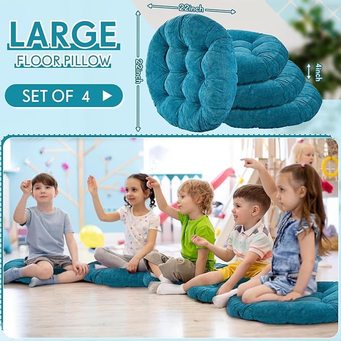 Jerify Floor Pillow Cushions 22 x 22 Inch Round Square Large Meditation Floor Pillow for Classroom Adult Meditation Picnic Party Cushion for Seating Gift Christmas(Round,Aquamarine,4 Pcs)