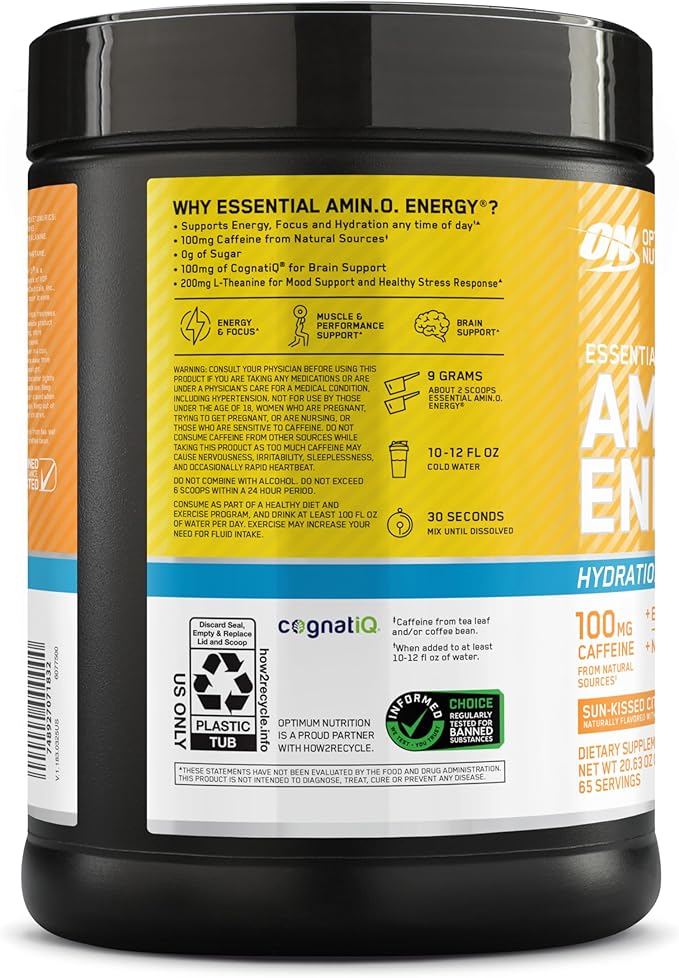 Optimum Nutrition Amino Energy Powder Plus Focus, with BCAA, Electrolytes, and Caffeine, Sunkissed Citrus, 65 Servings (Packaging May Vary)