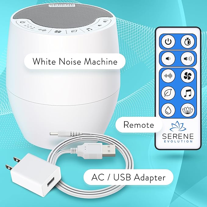 Serene Evolution White Noise Machine with 60 Soothing Sounds - Sound Machine for Adults and Baby - Noise Cancelling Sleep Music Machine with Remote Control - Ideal for Office Privacy - Black