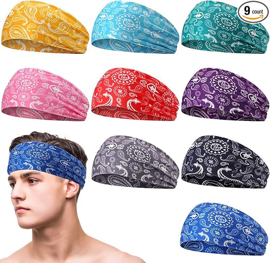 9 pcs Sweatbands for Men Workout Sport Headbands for Men Camo Headband Sweat Absorbing Headband Wide Sweatband for Head Basketball Football Cycling Running Yoga, 4.7 x 9.8 Inch