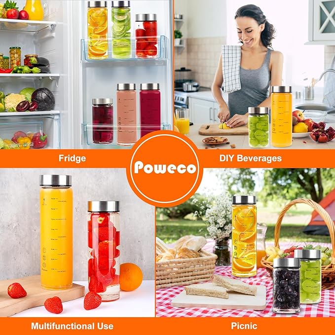 Glass Juice Bottles 6 Pack 10 oz - Wide Mouth Glass Water Bottles with Lids - for Juicing, Protein, Smoothie, Milk, Reusable, BPA Free, Stainless Steel Lids, Blender, Shaker Bottle [10oz/300ml]