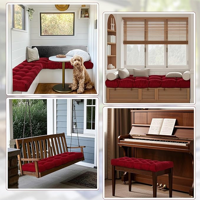 2 Pack Outdoor Bench Cushion Patio Waterproof Porch Swing Cushions Tufted Memory Foam Bench Seat Pads Thicken Non Slip for Outside Indoor Garden Furniture Wicker Loveseat Settee(Burgundy,42x16 Inch)