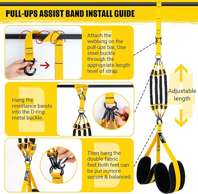 Pull Up Assistance Bands, 4 Adjustable Heavy Duty Resistance Bands for Pull Up Bar, Pull Up Assist Bands with Fabric Feet/Knee Rest for Home Gym Fitness Exercise Strength Training(70-280lbs)