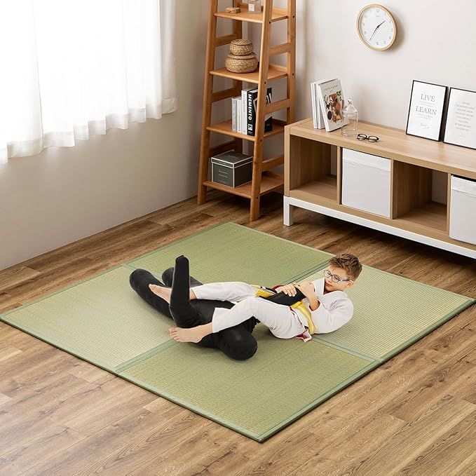 HAGiHARA Japanese Tatami Mat, Patchwork Tatami Floor Mats, 64" x 64" Foldable Square with Non-Slip Design for Bedroom, Crawling and Yoga, Made of Rush Grass, Igusa(with Edge/4 Picecs)