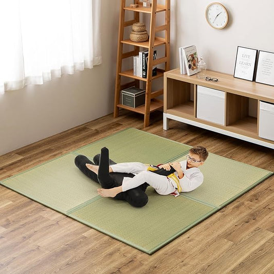 HAGiHARA Japanese Tatami Mat, Patchwork Tatami Floor Mats, 64" x 64" Foldable Square with Non-Slip Design for Bedroom, Crawling and Yoga, Made of Rush Grass, Igusa(with Edge/4 Picecs)
