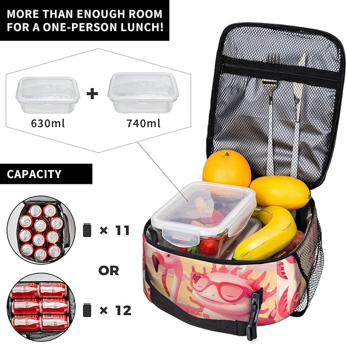 Insulated Lunch Box for Women Men, Flamingo Axolotl Theme Lunch Box Reusable Portable Lunch Bag Cooler Tote Waterproof Lunch Container for Office Picnic Work Travel