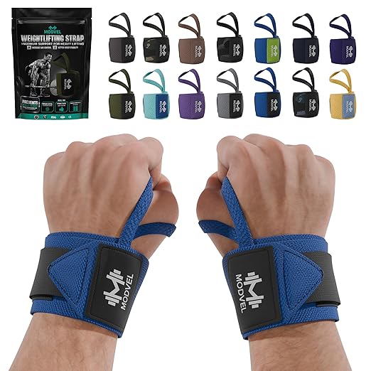 Modvel Adjustable Wrist Wraps for Gym & Lifting – Thick, Breathable Support Straps for Wrist Stability, Comfort & Grip – Ideal for Weight Training, CrossFit & Gym Workouts – Blue/Black (2-Pack)