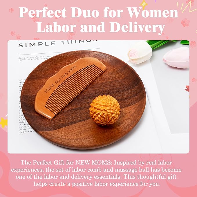 Birth Comb Acupressure Massage Ball Set - Wooden Labor Comb Natural Labor and Delivery Essentials, Mom to Be Gift, New Mom Gifts for Labor Pain Relief