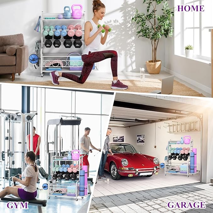 400LBS Dumbbell Rack, VOPEAK Adjustable Weight Rack for Home Gym, Home Gym Storage Rack for Yoga Mat Kettlebells and Strength Training Equipment, Weight Storage Rack for Dumbbells with Wheels