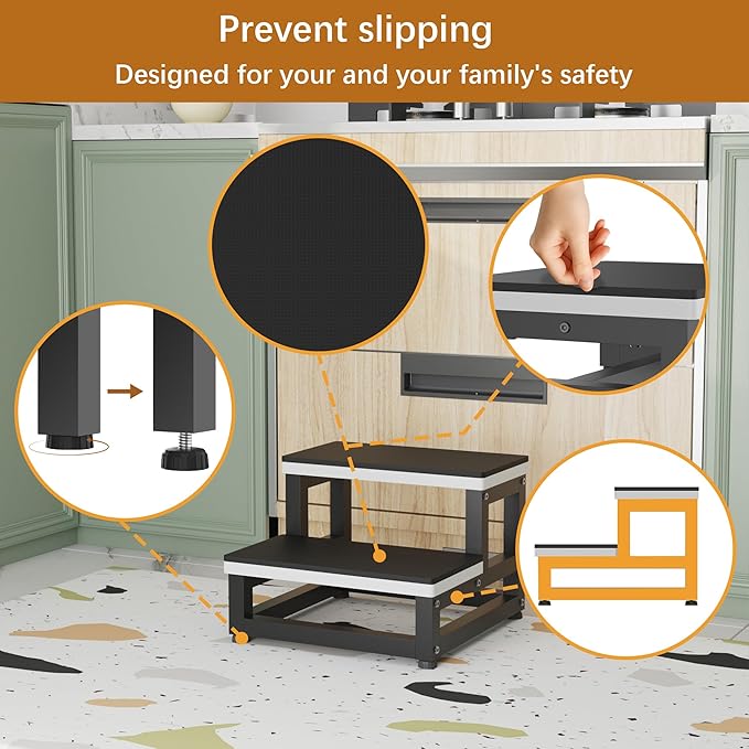 GIOTORENT 2 Step Stool Black with 1cm Non-Slip Pads - Heavy Duty 500lbs Wooden Step Stools for Adults, Bed Steps for High Beds, Adjustable Feet Kitchen Step Stool