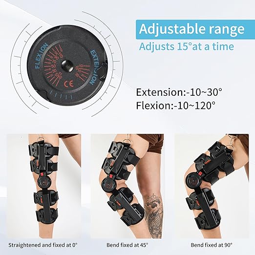 Hinged Knee Brace with Shoulder Strap, Post OP Medical Knee Stabilizer, Adjustable ROM Knee Support, for ACL, Post ACL and Cruciate Ligament Injury Rehabilitation Fit Right or Left Foot Unisex