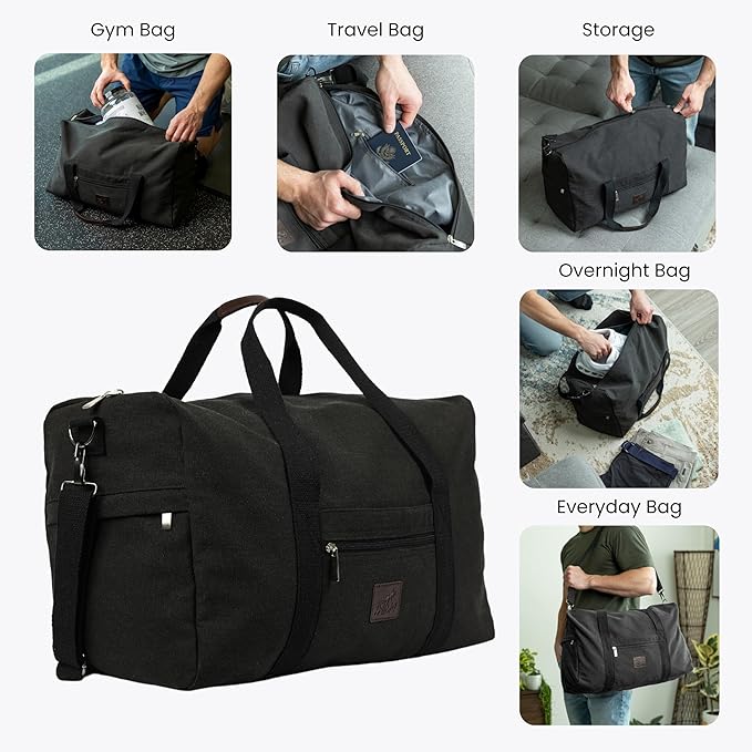 Duffle Bag – Multipurpose Canvas Bag for Travel, Gym, Weekender, Carry On & More – Durable, Spacious, Unisex Overnight Bag for Men & Women – Perfect for Sports, and Everyday Use (Black)