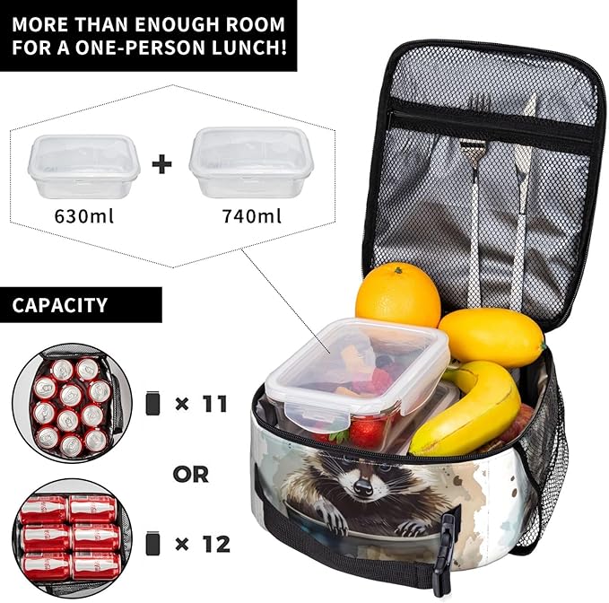 Insulated Lunch Box for Women Men, Raccoon Lunch Box Reusable Portable Lunch Bag Cooler Tote Waterproof Lunch Container for Office Picnic Work Travel Hiking