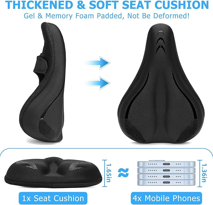 Gel Bike Seat Cushion, Soft Gel Padded Bicycle Seat Cover for Men & Women Comfort, Extra Padding Cycle Seat Cushion for Peloton, Stationary Exercise Bike, Beach Cruiser, Ebike, MTB, Road Bicycle