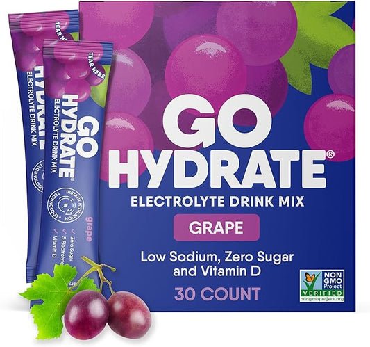 GoHydrate Instant Hydration Powder Packets - Low Sodium Electrolytes Drink Mix - Natural Hydration Support, Sugar Free Electrolyte Flavored Powder Drink with Vitamin D, 30 Packs, Grape