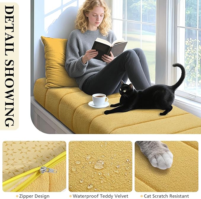 Wenqik Bench Cushion 42x16x4 Inch for Indoor Outdoor Furniture Tufted Thicken Bay Window Seat Cushion Non Slip Waterproof Dining Piano Bench Pad Pillow Anti Cat Scratch for Patio Porch Swing, Yellow