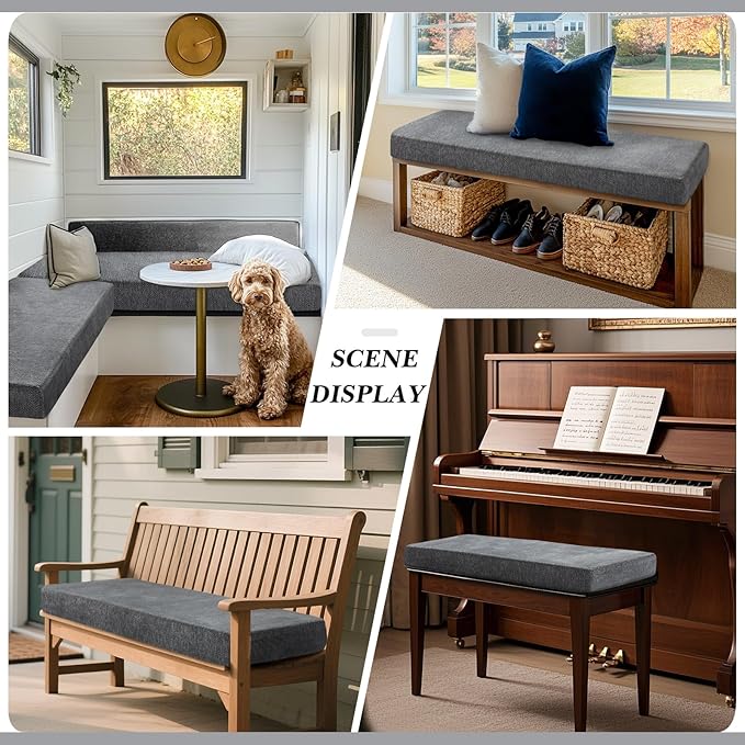 Leinuosen Bench Cushion 42x16x4 Inch for Indoor Furniture Weaving Texture Chenille Kitchen Bay Window Non Slip Seat Cushion Tufted Thicken Pad for Patio Porch, Mudroom Entryway (Gray)