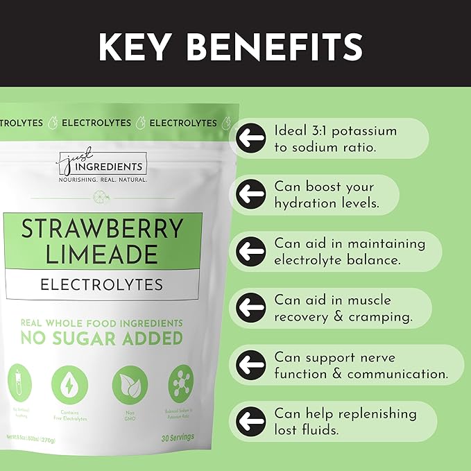 Strawberry Limeade Electrolytes – 30 Serving Bag – Clean Hydration Drink Mix with Essential Minerals – Remineralizing Formula – No Sugar Added – Natural Energy & Cramp Support – Vegan, Non-GMO