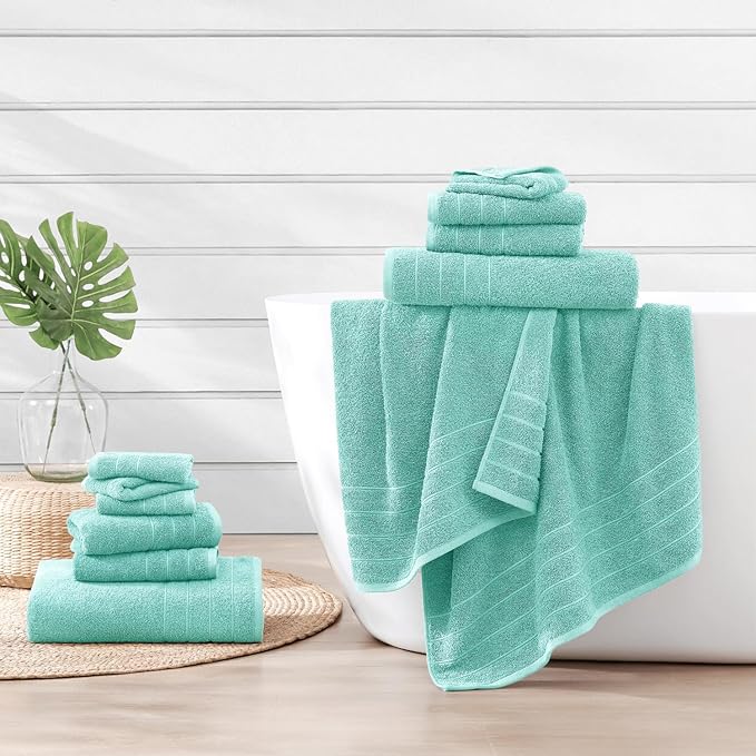 Casa Platino 100% Cotton Premium Bathroom Towel Set - 12 Pieces - Ring Spun, Quick Dry, Super Soft & Highly Absorbent - 4 Bath Towels, 4 Washcloths, 4 Hand Towels for Bathroom - Pre Shrunk - Aqua Sky