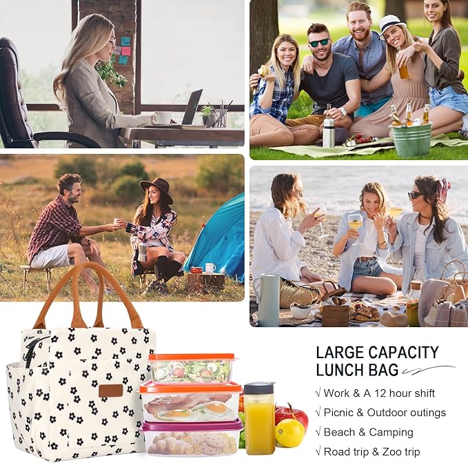 Joymee Lunch Bag Women Insulated Lunch Box Reusable Leakproof Large Spacious Cooler Tote for Women Men Adult with Bottle Holder and Side Pockets for Work Office Travel Picnic - Black Little Floral