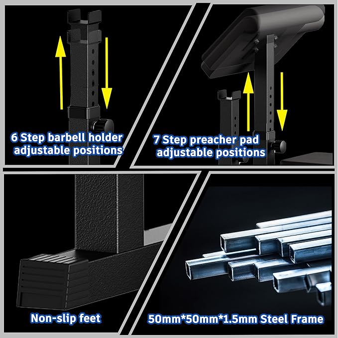 Fitness Black Adjustable Arm Preacher Curl bench, Bicep Tricep Curl Machine, Seated trenghthen Training Isolated Barbell Dumbell Station for Home Gym