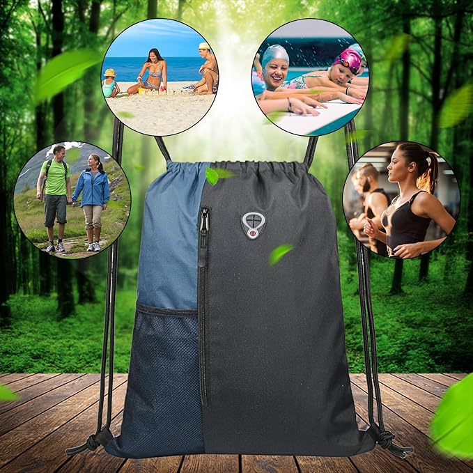 BeeGreen Haze Blue Drawstring Backpack Gym Bag For Men & Women – Sports Sackpack with Mesh Water Bottle Holder & 2 Zippered Pockets – Large 16x20 Inch Cinch String Backpack