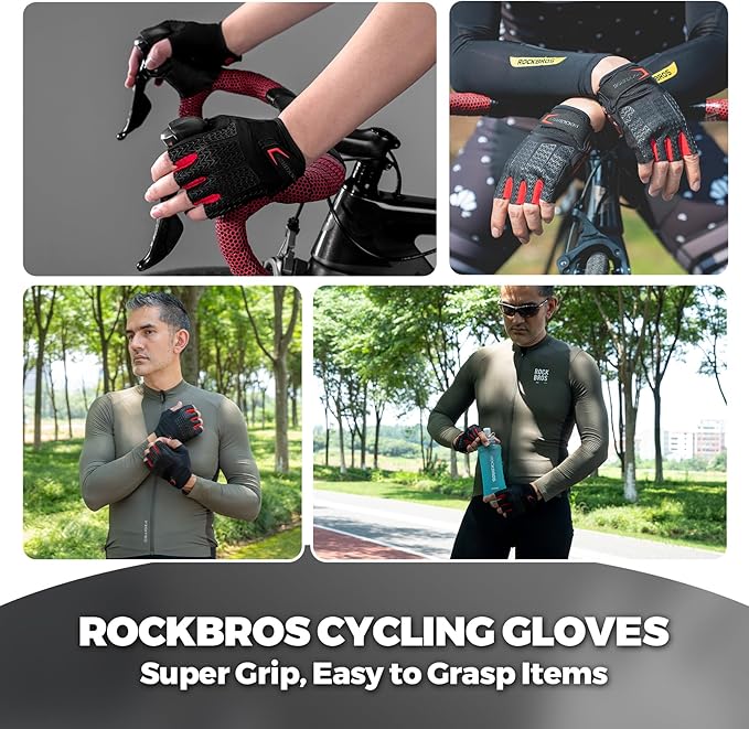 ROCKBROS Cycling Gloves for Men Women with Anti-Slip Shock-Absorbing Pad Fingerless Bike Gloves Light Weight Breathable Biking Gloves