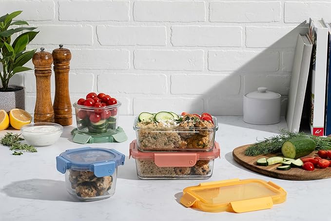 Ello Color Lock 8PC Mixed Glass Food Storage Sets, Leak-Proof Glass Food Storage Containers with Airtight BPA-Free Plastic Lids, Dishwasher, Microwave, and Freezer Safe, Desert Festival