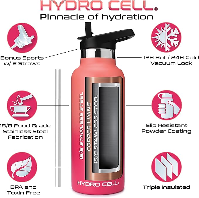HYDRO CELL Stainless Steel Water Bottle with Straw & 2 Standard Mouth Lids (32oz 24oz 20oz 16oz) Keeps Liquids Hot or Cold w/Double Wall Vacuum Insulated Leak Proof Sport Design (Coral/Punch 20oz)
