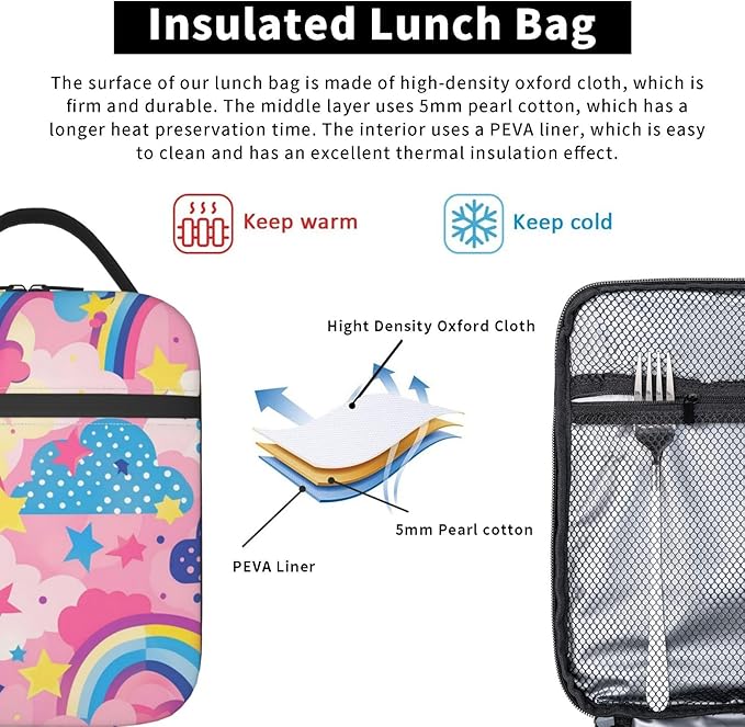 Colorful Rainbow Print Insulated Lunch Box Gifts for Kids Adults Cute Pink Cloud and Polka Dot Design Reusable Portable Lunchbox Cooler Lunchbag for Work Picnic School Travel or Hiking