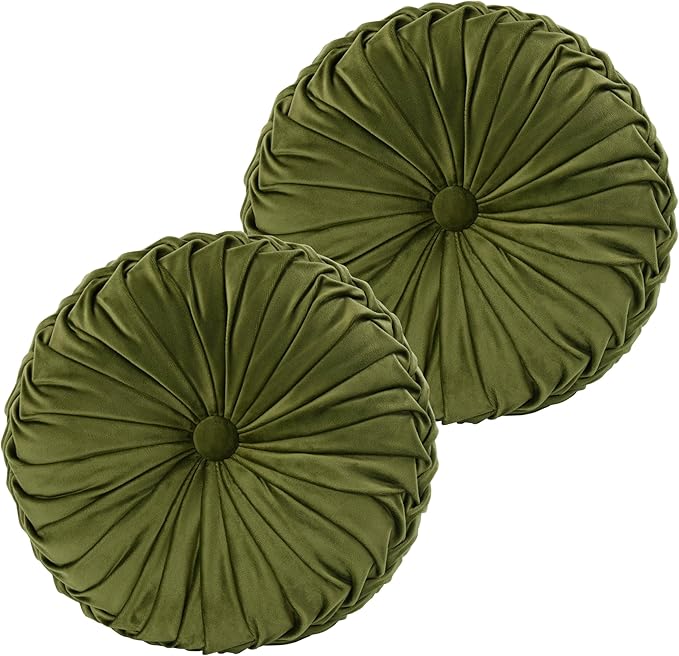 HIG Set of 2 Decorative Round Pleated Throw Pillows, Classy Accent Pumpkin Throw Pillows with Center Button, Vintage Velvet Floor Pillows for Sofa Couch Vanity Chair Bed, Olive, 14.5" Diameter(Ripple)