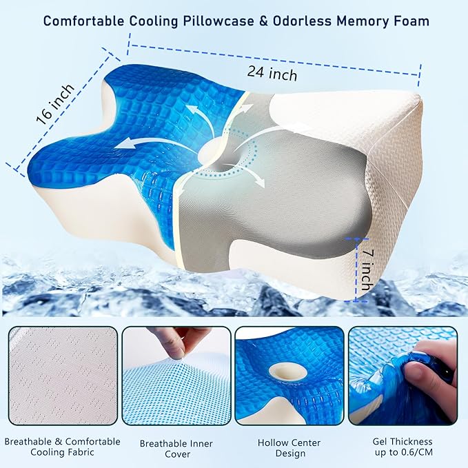 Cooling Gel Pillow,Cooling Cervical Neck Pillow,Gel Memory Foam Pillow,Odorless Ergonomic Contour Pillows,Orthopedic Bed Pillow for Side Back Stomach Sleeper - White-Grey