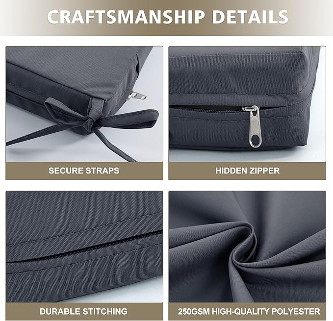 Outdoor Bench Cushion Waterproof 48"x18" – Fade-Resistant Patio Furniture Cushion with Ties for Porch Swing, Loveseat, or Indoor Bench Replacement, Dark Grey