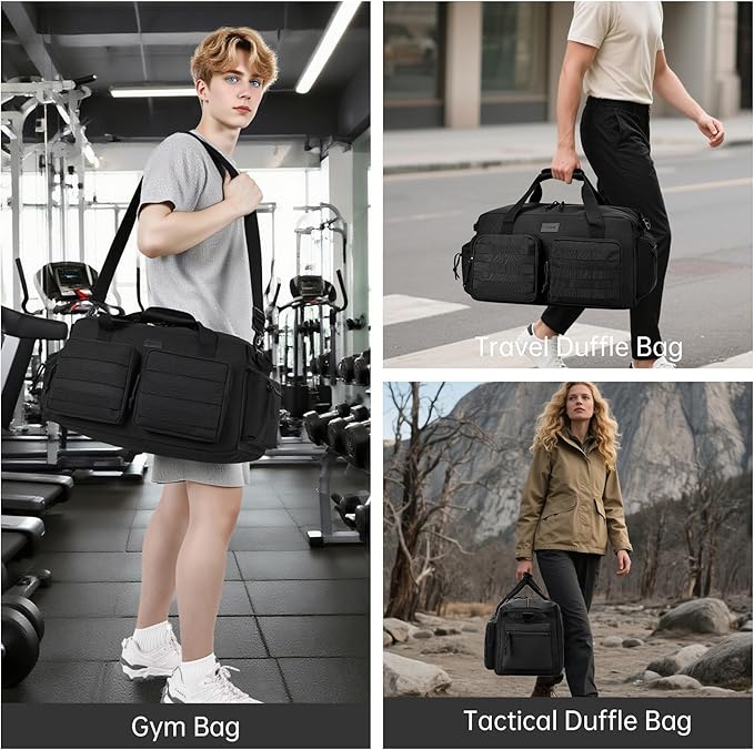 Duffle Bag for Men Women, Gym Bags & Tactical Duffle Bag with Shoe Compartment, Weekender Overnight Bag for Travel Workout, Black