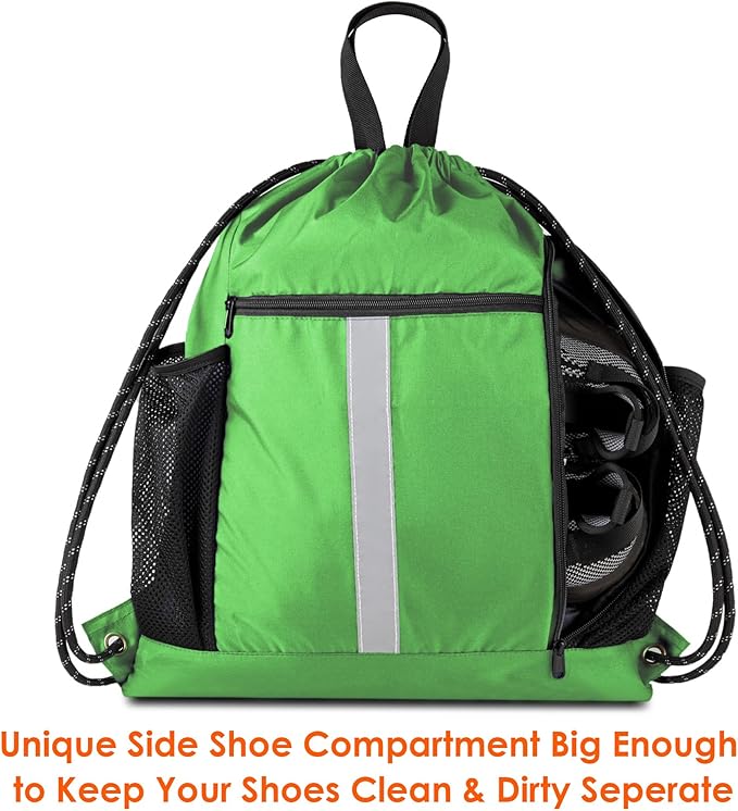 BeeGreen Bright Green Drawstring Backpack Bag Sports Gym Backpack with Shoe Compartment and Two Water Bottle Holder for Men Women Large Athletic Cinch Sackpack Workbag