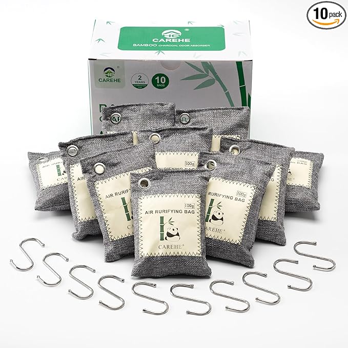 Activated Charcoal Odor Eliminator for Strong Odors, 100% Bamboo Charcoal Bags, Natural Odor Absorber for Home, Car, Closet, and Pet Areas, Natural Freshener (100g*10 Pack)