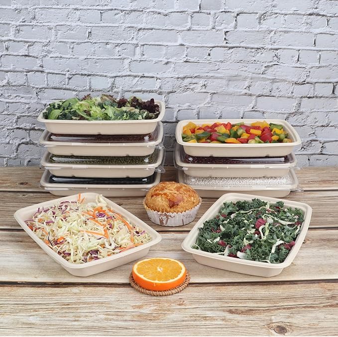 20 oz Rectangle Disposable bowls with lids,Sugarcane Fibers Bowls take away food containers Plant Fibers Freezer Safe 50 Pack