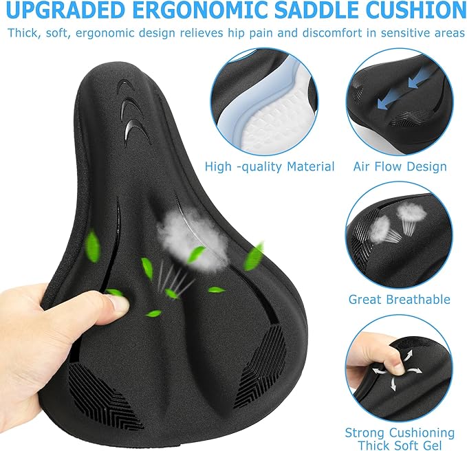 Gel Bike Seat Cushion, Soft Gel Padded Bicycle Seat Cover for Men & Women Comfort, Extra Padding Cycle Seat Cushion for Peloton, Stationary Exercise Bike, Beach Cruiser, Ebike, MTB, Road Bicycle