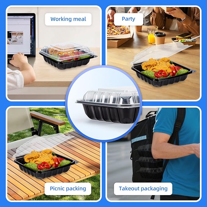 YANGRUI Takeout Containers 8" 34 oz 25 Pack - Steam Resistant Clamshell Lid | Shrink Wrap BPA Free PP Plastic | Reusable Heavy Duty Freezer & Microwave Safe | Restaurant 3 Compartment Food Container