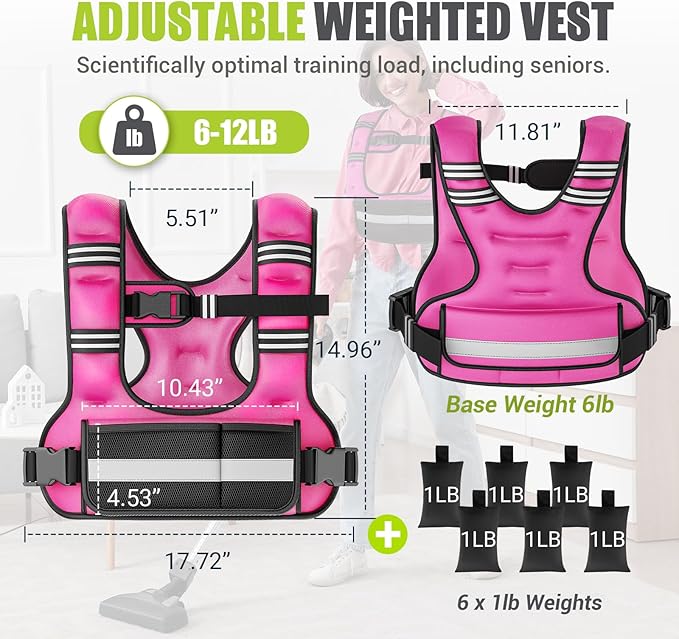 Adjustable Weighted Vest for Women,6-12lb U-Shaped Weight Vest with 6 Iron Sand Bags,Rucking Vest with Extended Shoulder Pads & Plus Pockets for Running, Walking and Strength Training