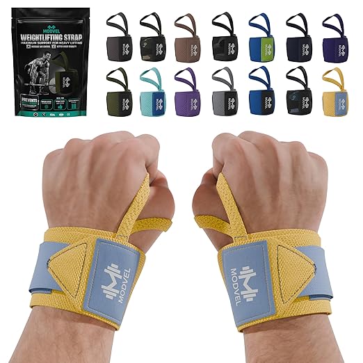 Modvel Adjustable Wrist Wraps for Gym & Lifting – Thick, Breathable Support Straps for Wrist Stability, Comfort & Grip – Ideal for Weight Training, CrossFit & Gym Workouts – Yellow/Sky Blue (2-Pack)