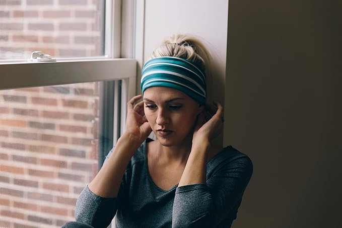 RiptGear Stretch Sport Headband for Women (Teal Solid and Striped) — Non-Slip Sweat Wicking Fabric Great for Yoga, Running or the Gym — Soft Headband that Fits Most Head Sizes — (2-Pack)