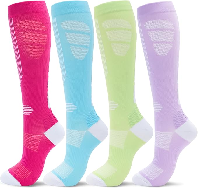 fenglaoda Compression Socks Women Men 4 Pairs, Knee High Support Socks for Running, Sports, Travel, Flight, Nurse