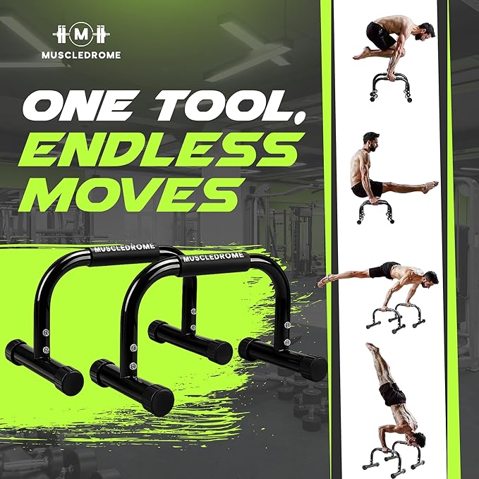 Push Up Bar for strength traning, Heavy Duty Steel Parallettes with Non Slip Handles, Stable Pushup Stands for Dips, Handstands & Calisthenics, 11.8in High x 17.9in Wide, Home Workout equipment