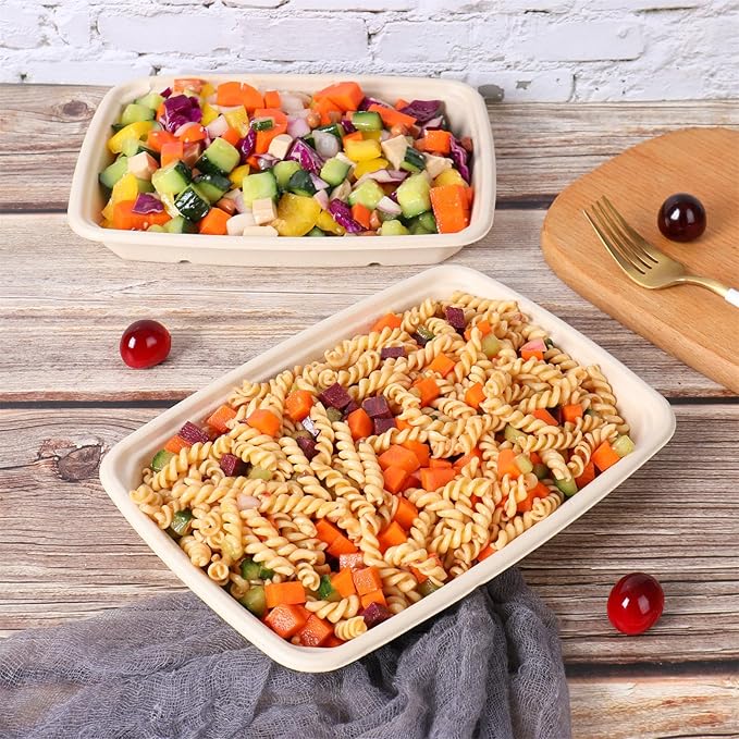 20 oz Rectangle Disposable bowls with lids,Sugarcane Fibers Bowls take away food containers Plant Fibers Freezer Safe 50 Pack