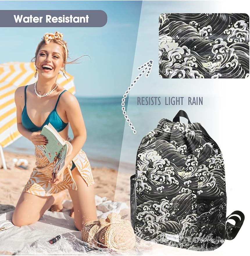 Drawstring Backpack Sports Gym Sackpack with Mesh Pockets Water-Resistant String Cinch Beach Bag for Men Women(Black Waves)