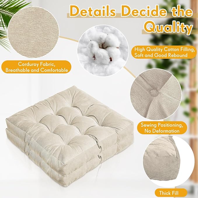 Jerify Floor Pillow Cushions 22 x 22 Inch Round Square Large Meditation Floor Pillow for Classroom Adult Meditation Picnic Party Cushion for Seating Gift Christmas(Square,Beige,2 Pcs)