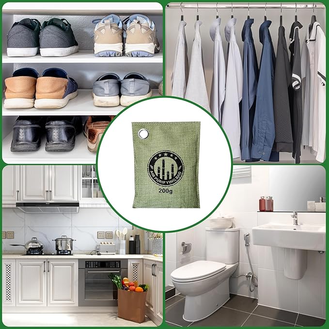 4 Pack charcoal odor absorber,Bamboo Charcoals Air Purifying Bag Charcoals Deodorizer Eliminator for Strong Odors in Car, Closet, Shoe, Basement (200G*4 Pack Green, Unscented)