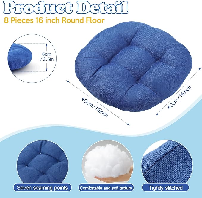 Fumete 8 Pcs 16 Inch Round Floor Cushions for Kids and Toddlers, Flexible Seating Classroom Furniture Floor Pillow for Home, Daycare, Preschool, Yoga and Meditation (Jewelry Blue)