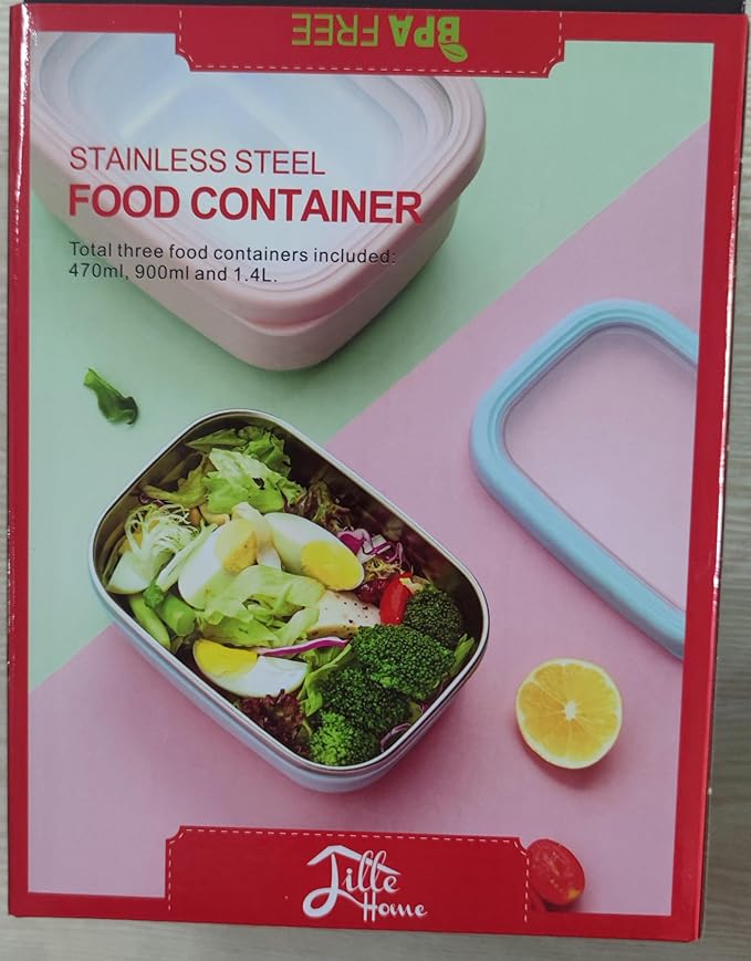 Lille Home Leak Proof Salad Container Stainless for Lunch - Snack Containers Steel - Ideal for Educational Settings & Daycare - Nesting Trio with Silicone Lids - 47oz+30oz+16oz - Blue